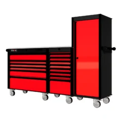88 Series - 13 Drawers With Tall Locker - Black Handles - Traditional Casters -Proslat Store SERIE88NO4RED BLK STAINLESS WEELS