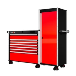 66 Series - 7 Drawers And Tall Locker - Silver Handles - Foot Casters -Proslat Store SERIE 66 NO5 RED FOOT CAST